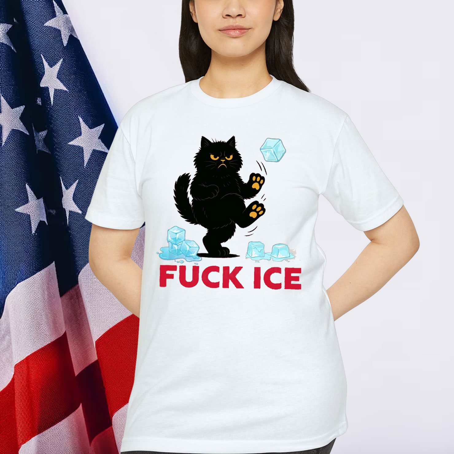 Anti Trump Fuck Ice Funny Black Cat T-Shirt