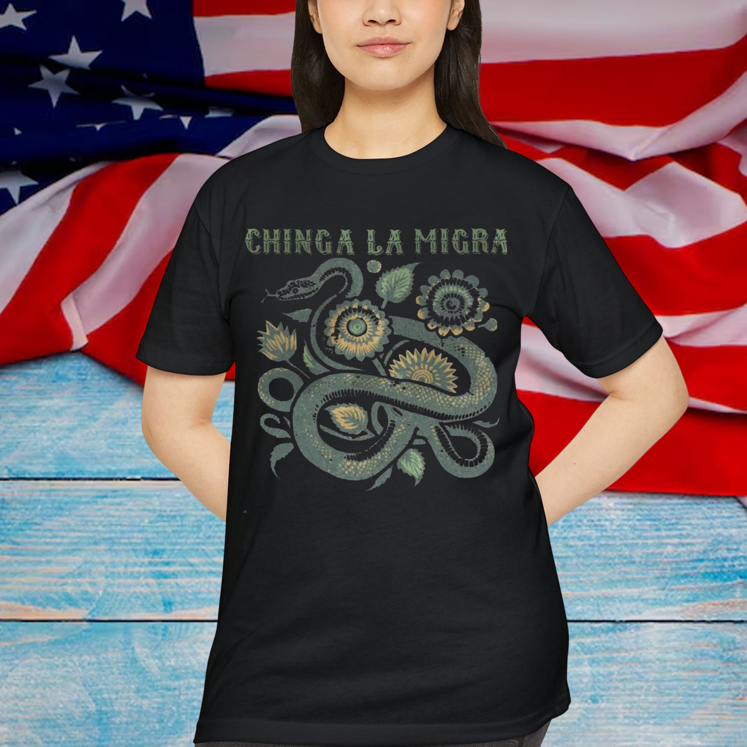 Chinga La Migra Shirt Folk Art Snake Floral Design Shirt